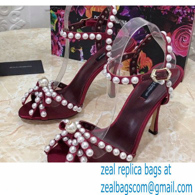 Dolce & Gabbana Heel 10.5cm Satin Sandals Burgundy with Pearl Application 2021 - Click Image to Close